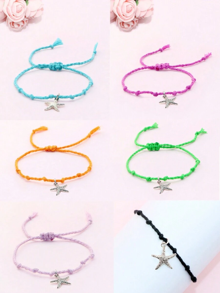 1pc Handmade Knotted Rope String Beach Sea Star Pendant Bracelet, Summer Beach Style
