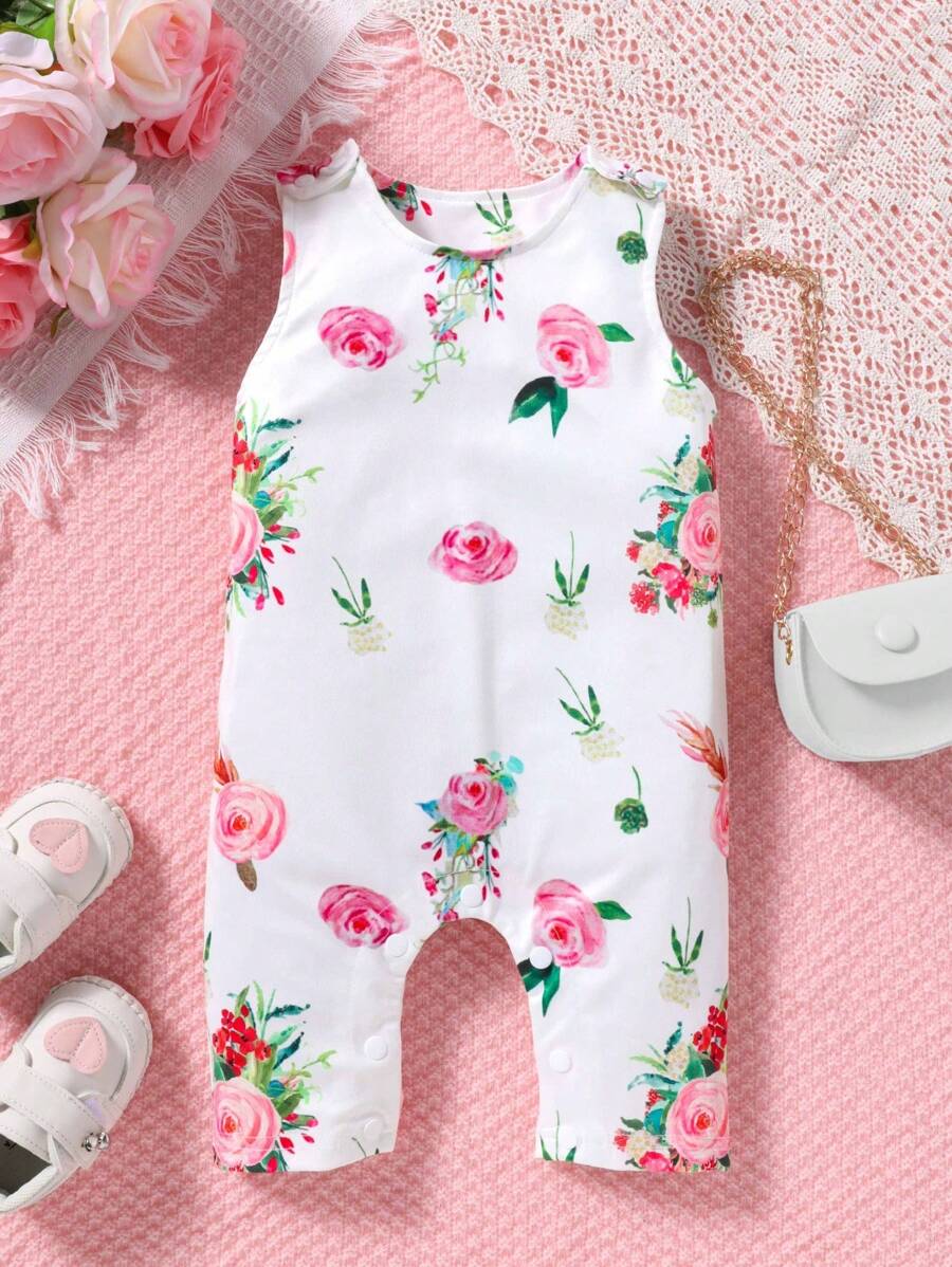 Mouwloze romper voor babymeisjes met frisse bloemenprint en ronde hals