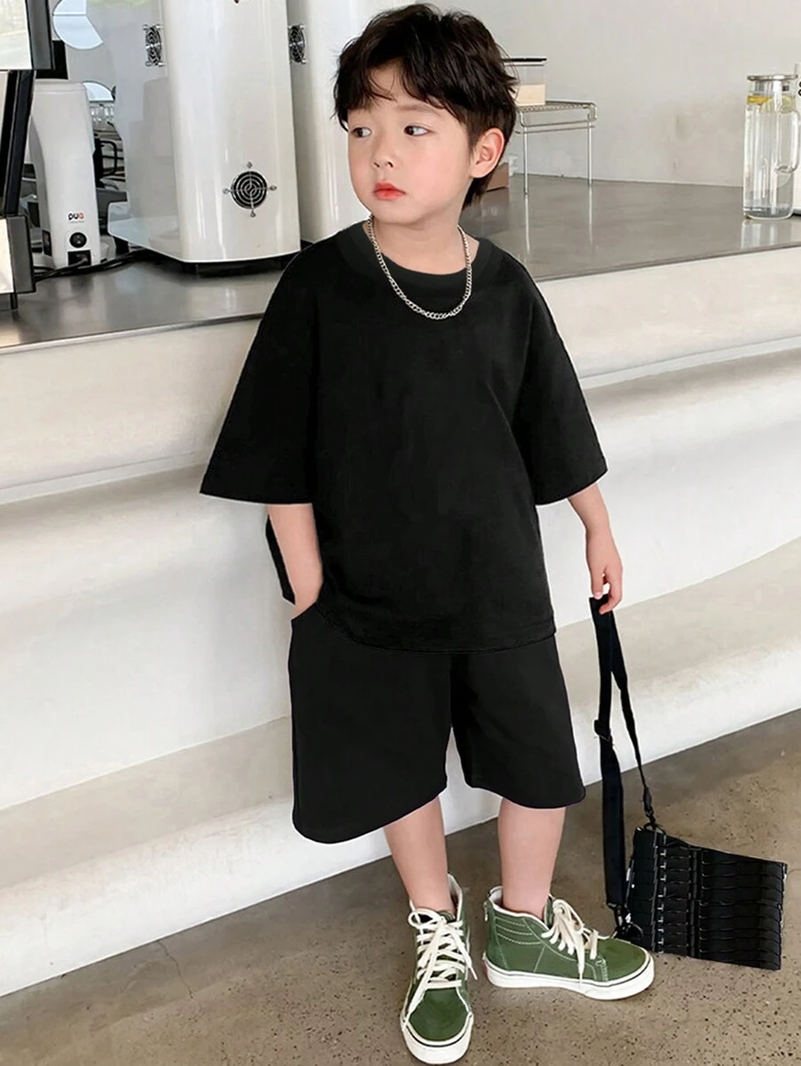 Set 2 bucăți Tween Boy, tricou casual de culoare uni și pantaloni scurți largi, ținută pentru întoarcere la școală primăvara vară