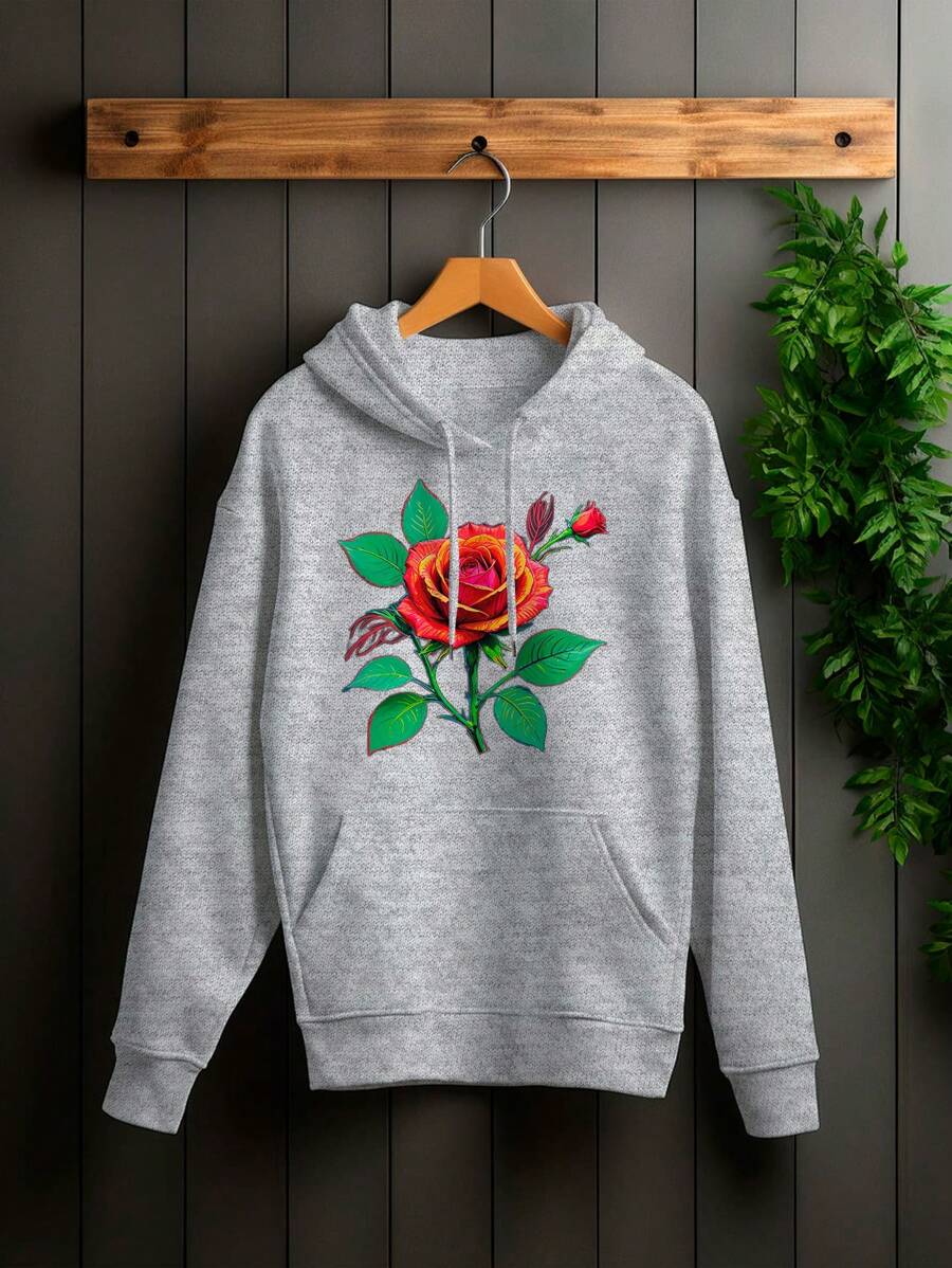 Blusa Moletom de flor rosa floral Casual Unissex Canguru com Capuz e Bolso