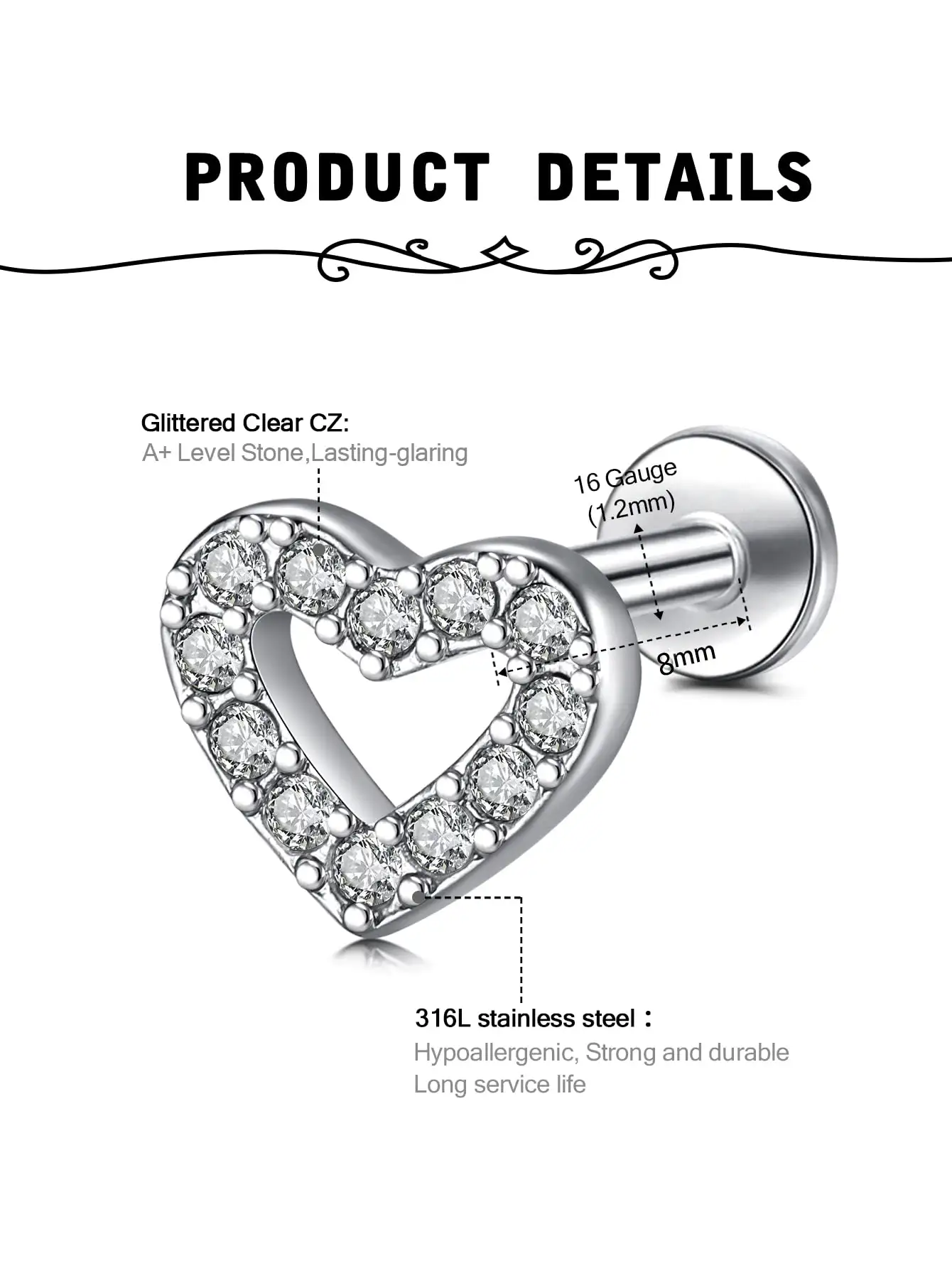 1pc 8mm Cartilage CZ Stud Earrings Conch Forward Helix Tragus Daith Piercing Lip Rings Snake Heart Butterfly Jewelry For Women Men