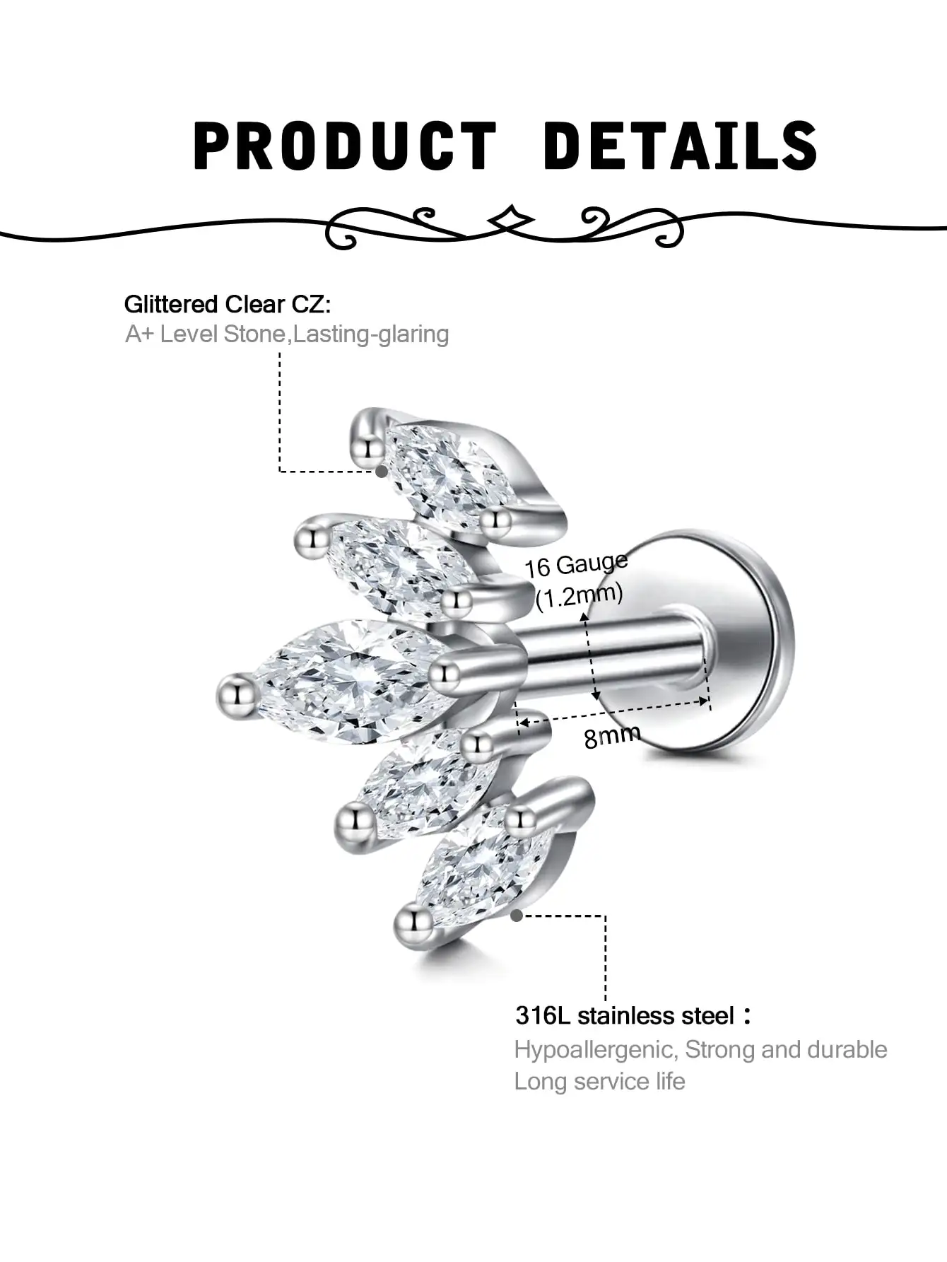 1pc 8mm Cartilage CZ Stud Earrings Conch Forward Helix Tragus Daith Piercing Lip Rings Snake Heart Butterfly Jewelry For Women Men