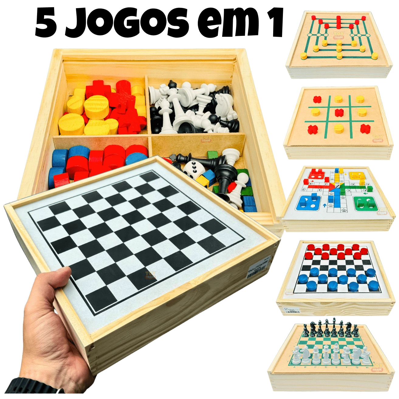 Jogos de Mesa 5x1 Xadrez, Dama, Ludo, Trilha, Jogo da Velha Educativos Jogos Clássicos Toy Trade Oficial