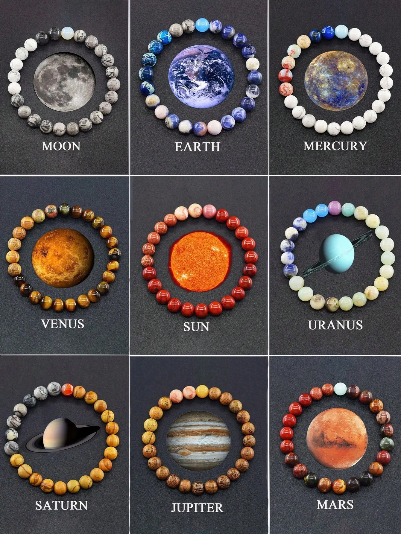 1 pezzo Braccialetti intrecciati di pianeti spaziali Per donne e uomini con pietre naturali Terra Marte Venere Plutone Giove Saturno Luna Sole Urano Gioielli per braccialetti intrecciati Regali per anniversario