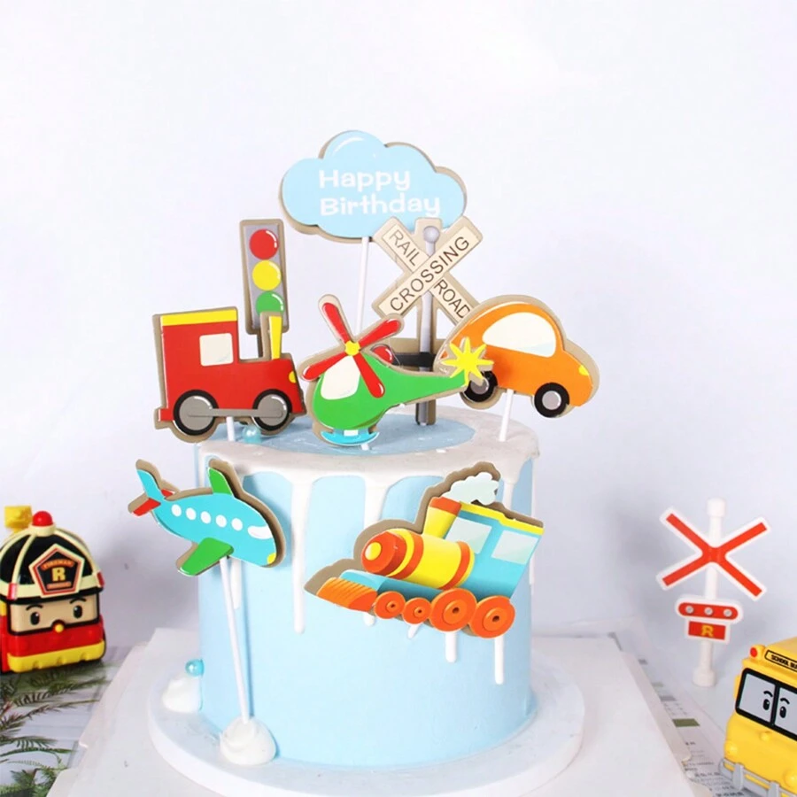 Ensemble de 8 pièces de décorations de gâteaux de thème avion train voiture pour la décoration de table de dessert