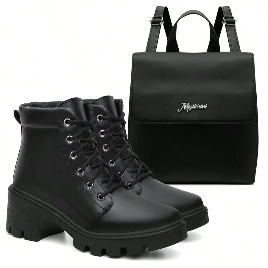 Kit Feminino Bota Coturno Salto Bloco Tratorado Antiderrapante Confortável + Mochila De Ombro Blogueira
