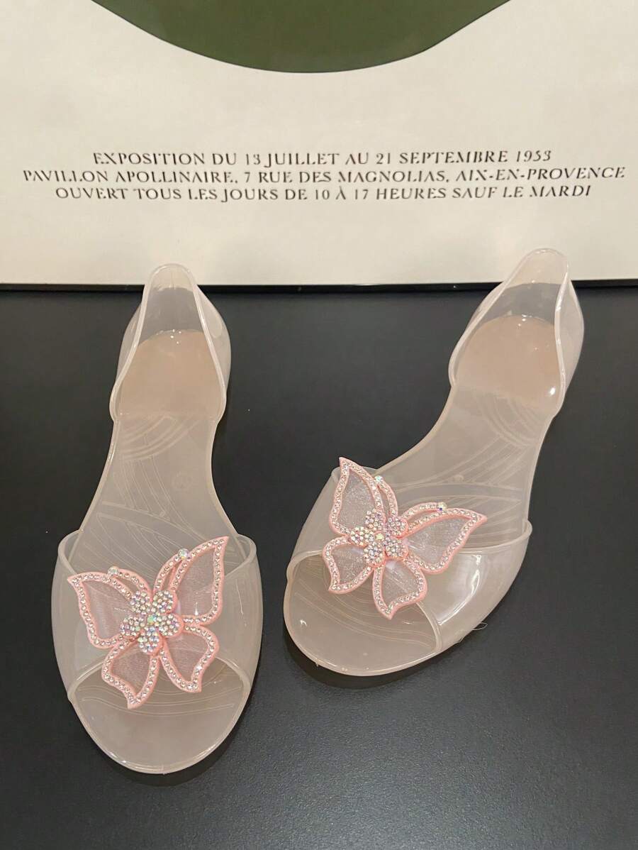 Zomer Peep-Toe Platte Sandalen Met Strass Strik Jelly Schoenen, Antislip Zachte Bodem Plastic Lage Vamp Strandvakantie Sandalen
