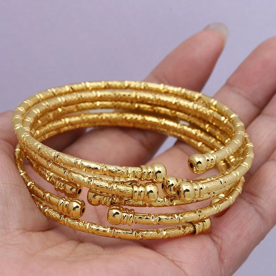Conjunto de 6 pulseras rígidas con cuentas abiertas chapadas en oro de 24k, joyería clásica y elegante para mujeres en Dubái, Europa, América y África