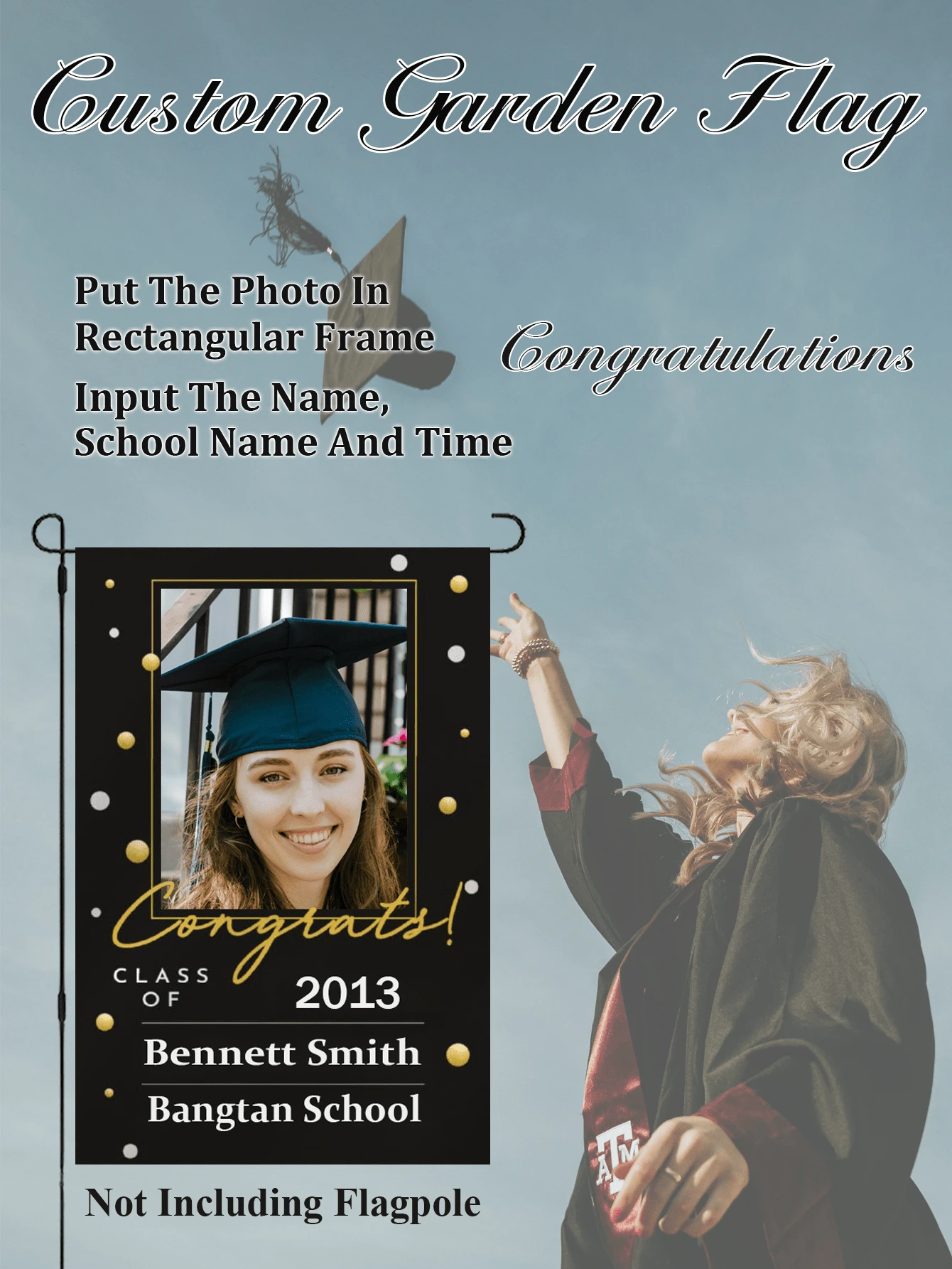 1PC 12*18in, Graduated Custom Black Garden Flag, Congratulation Text Custom, Double-Sided Garden , Yard Decoration, Outdoor Decoration, Home Decoration, Party Decoration, Suitable For All Seasons, A Gift To Family, Personalized Gift, Flagpole Not Included