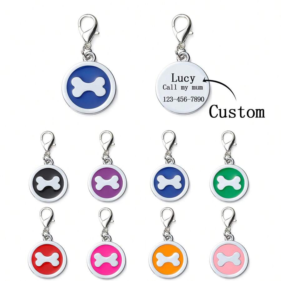 1 pieza de etiqueta de identificación de mascota personalizada y personalizada en forma redonda plateada con huesos azules, con la parte posterior para grabar el nombre de la mascota, información de contacto, dirección, etc., grabado para prevenir la pérdida de la etiqueta de identificación de la mascota, adecuada para perros grandes, medianos y pequeños.