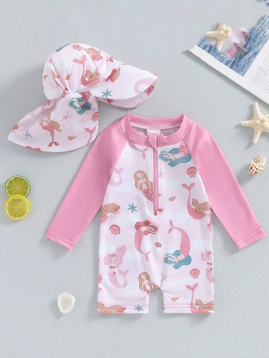 2Pcs Baby Girl Bathing Suit Set Sea Shell Print Long Sleeve Rash Guard Swimsuit Wide Brim Sun Hat Beachwear