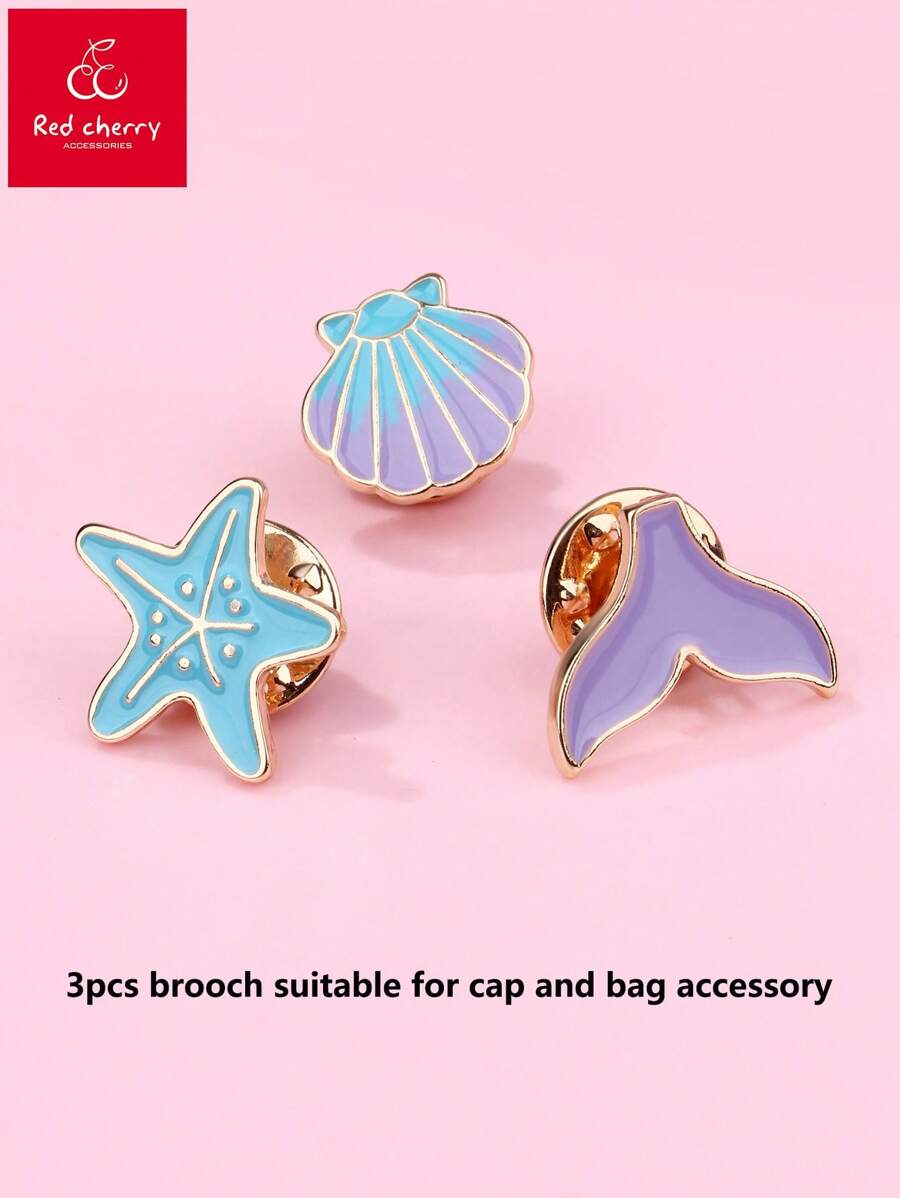 3 piezas Estrella de mar, Concha y Forma de cola de sirena con broche de bonito distintivo de gota de aceite colorido para niñas, adecuado para la decoración de sombrero o ropa de vacaciones