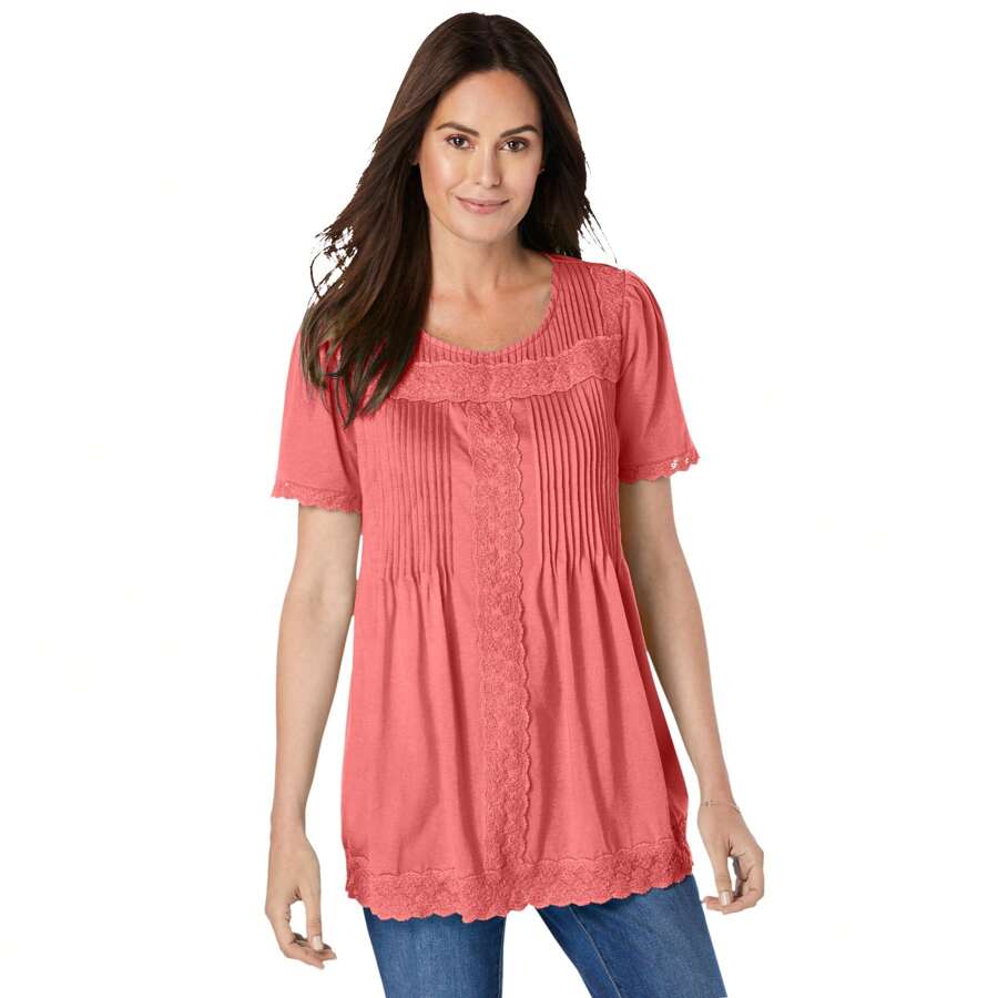 WOMAN WITHIN Woman Within Women's Plus Size Lace-Trim Pintucked Tunic