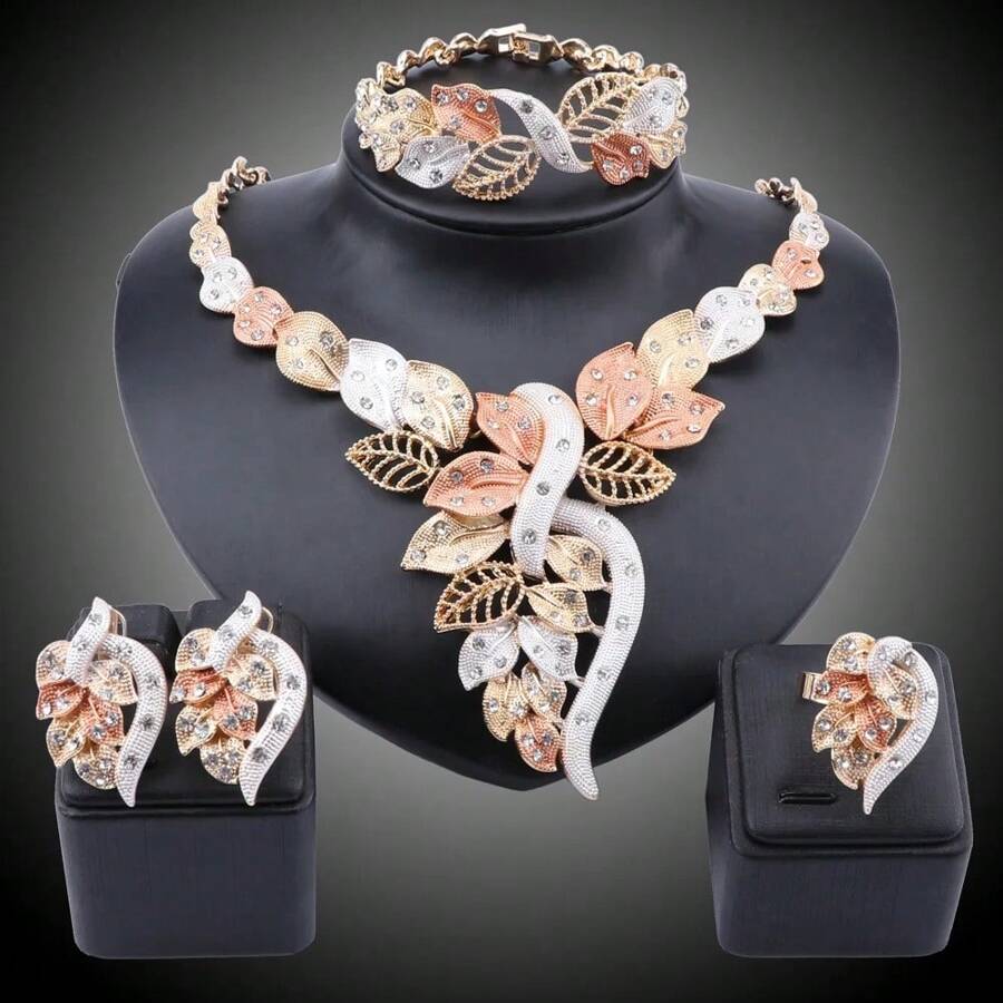 1pc Fashionable Crystal Leaf Gold-Colored Jewelry Set, Including Necklace, Earrings, Bracelet And Ring, Suitable For Women's Wedding Party Outfits, Gift Set