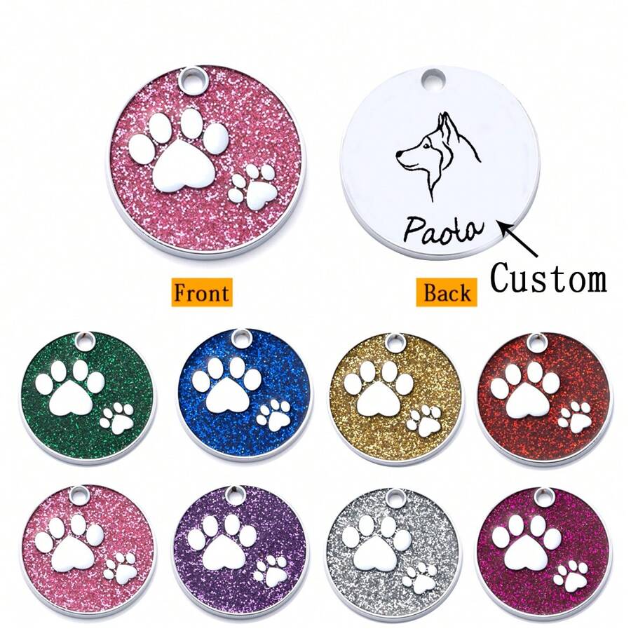 1pc klein formaat gepersonaliseerde huisdier-ID-tag met roze en zilverkleurige hondenpoot rond printontwerp. De achterkant van de tag kan worden aangepast met de naam van het huisdier, contactgegevens, adres, enz. Deze gegraveerde en anti-verloren huisdier-ID-tag is geschikt voor kleine honden en katten