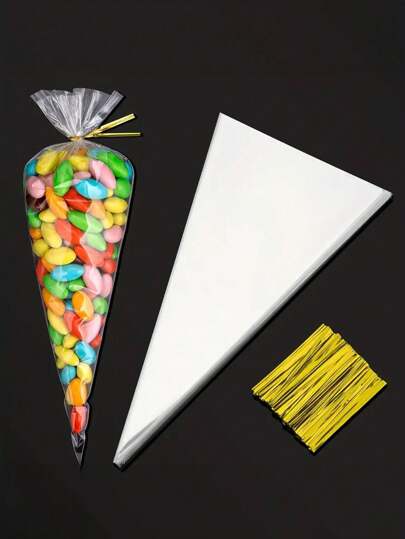 50pcs Triangle Clear Food Packaging Bags With Twist Ties, Ideal For Baking, Candy, Pastry, And Snack Packaging Wedding Party Gift Bags
