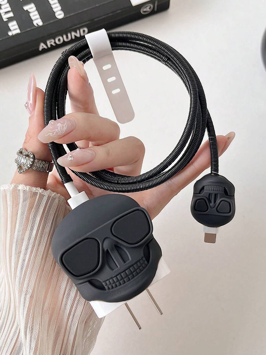 Cartoon Skull Sunglasses 1.5m Laser Winder Fastening Wire Clip TPU Protective 4-Piece Set Compatible With IPhone 20W Quick Charge Cable Cable Protector, Charger Protector
