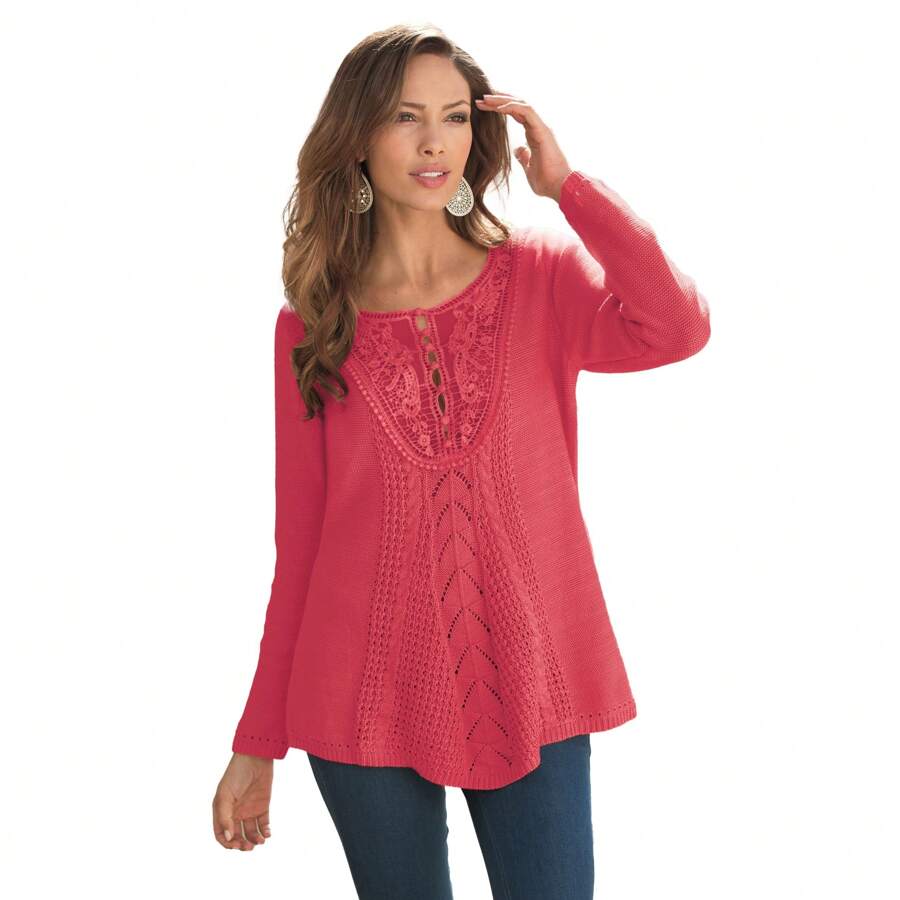 ROAMAN'S Roaman's Women's Plus Size Lace Yoke Pullover