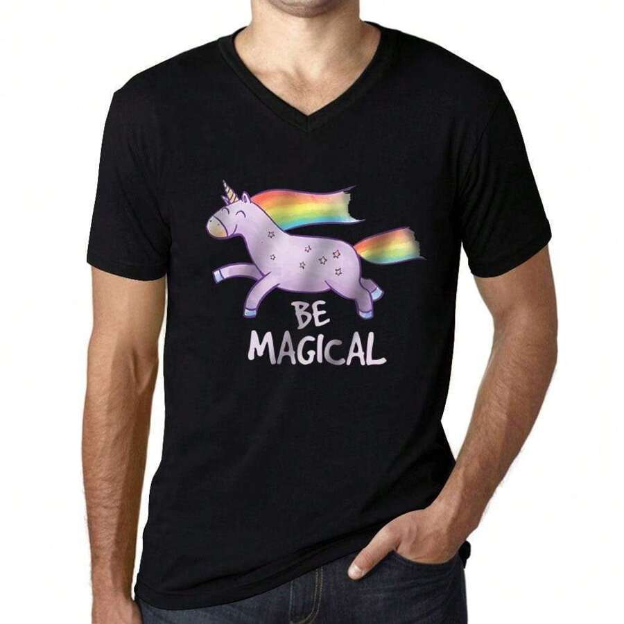 T-shirt męski z dekoltem w kształcie litery V Bądź magicznym jednorożcem – Bądź magicznym jednorożcem – Ekologiczna koszulka z grafiką Vintage Nowość prezent