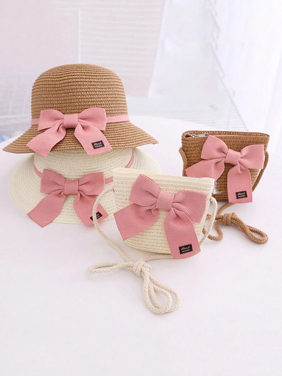 1set Cute Bowknot Sun Hat For Girls, Summer Bucket Hat For Baby, Princess Sunbonnet With Large Brim And Matching Bag