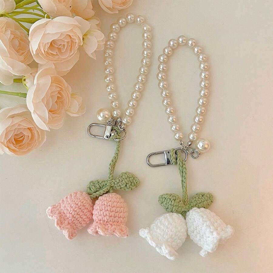 1pc Handmade White/Pink Woven Flower Backpack/Bookbag/Purse Pendant, Faux Pearl Decorated Bracelet / Keychain / Keyring, Crochet Flower Trinket Gifts For Women In Summer Valentine's Day Valentines School Pearl