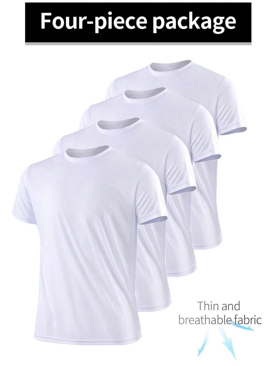 4 Stück/Set Herren ultradünne atmungsaktive Sport Kurzarm T-Shirts, leichte aktive Oberteile, Rundhalsausschnitt, geeignet für Laufen, Fitness, Training, Frühling/Sommer