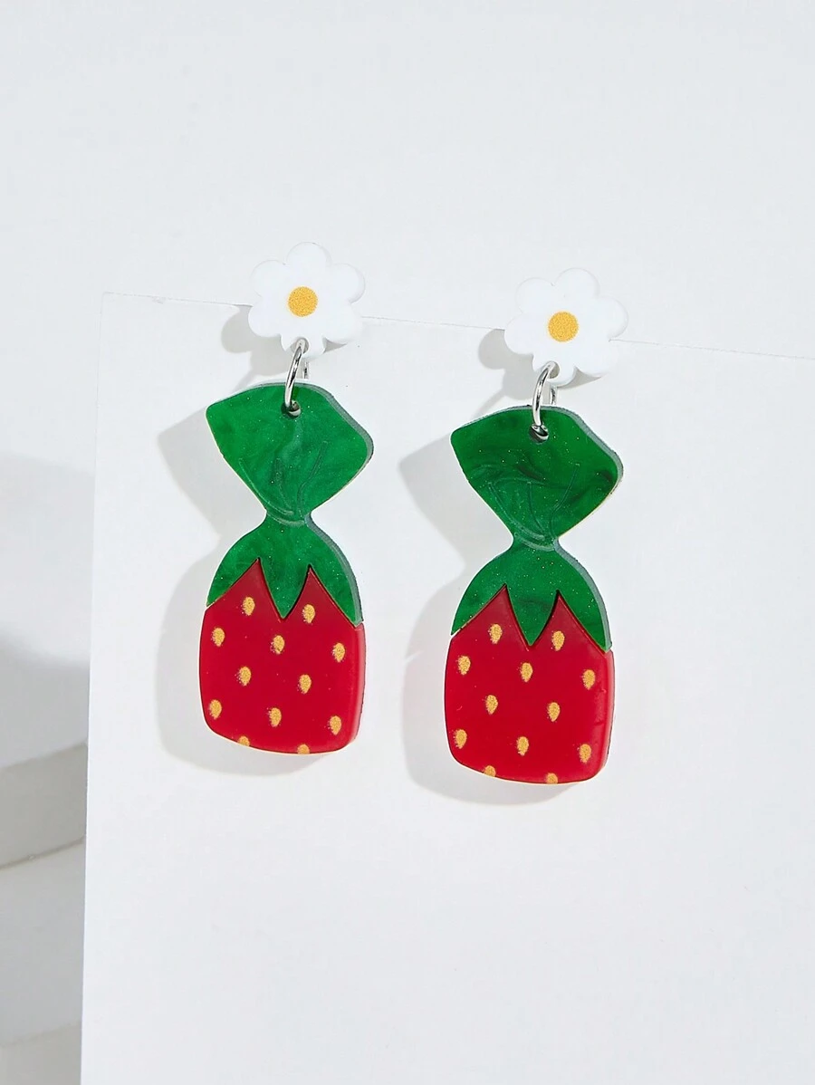 1pair Fashionable European & American Acrylic Flower & Red Strawberry Earrings For Women Valentines