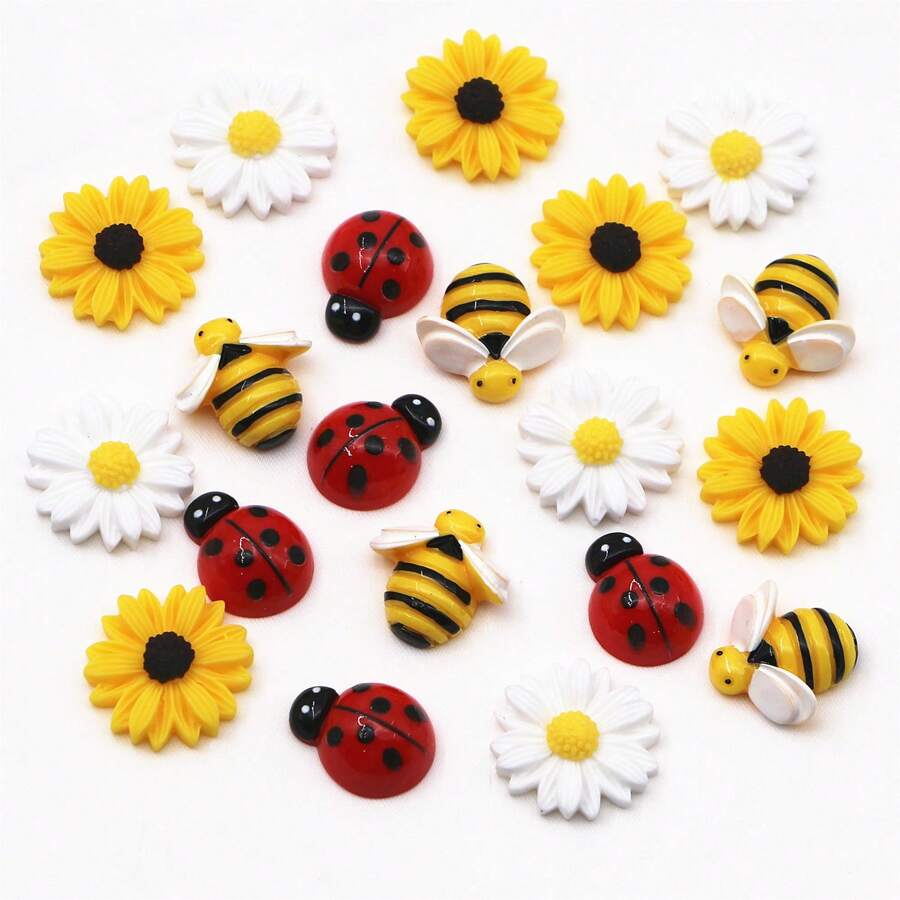 20pcs Resin Daisy Sunflower Bee Ladybugs Mixed Embellishments Flatbacks Cabochons For Scrapbooking DIY Crafts Home Decoration Summer, School