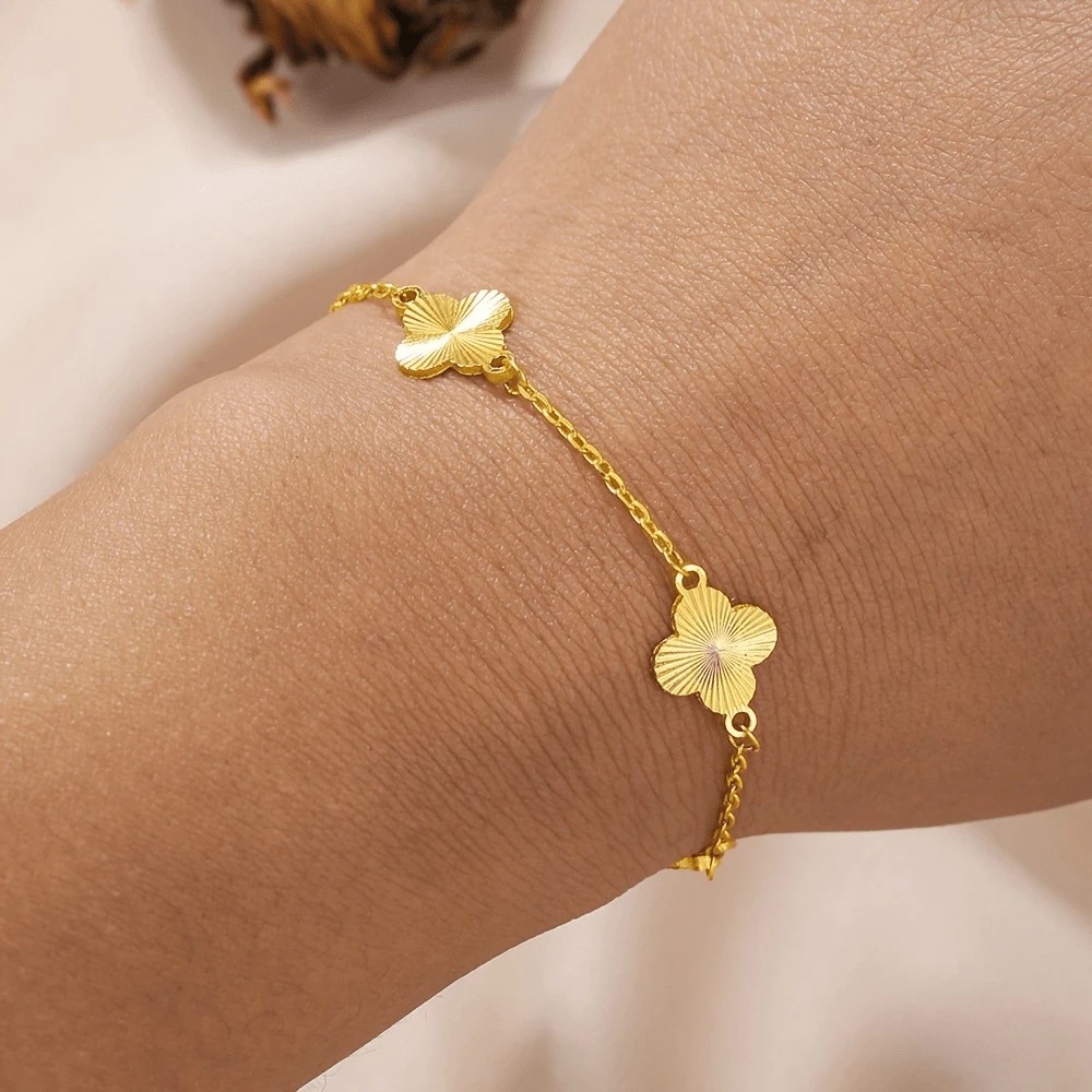 1 pulsera de cadena de oro de 18k con cuatro hojas de hierba simples