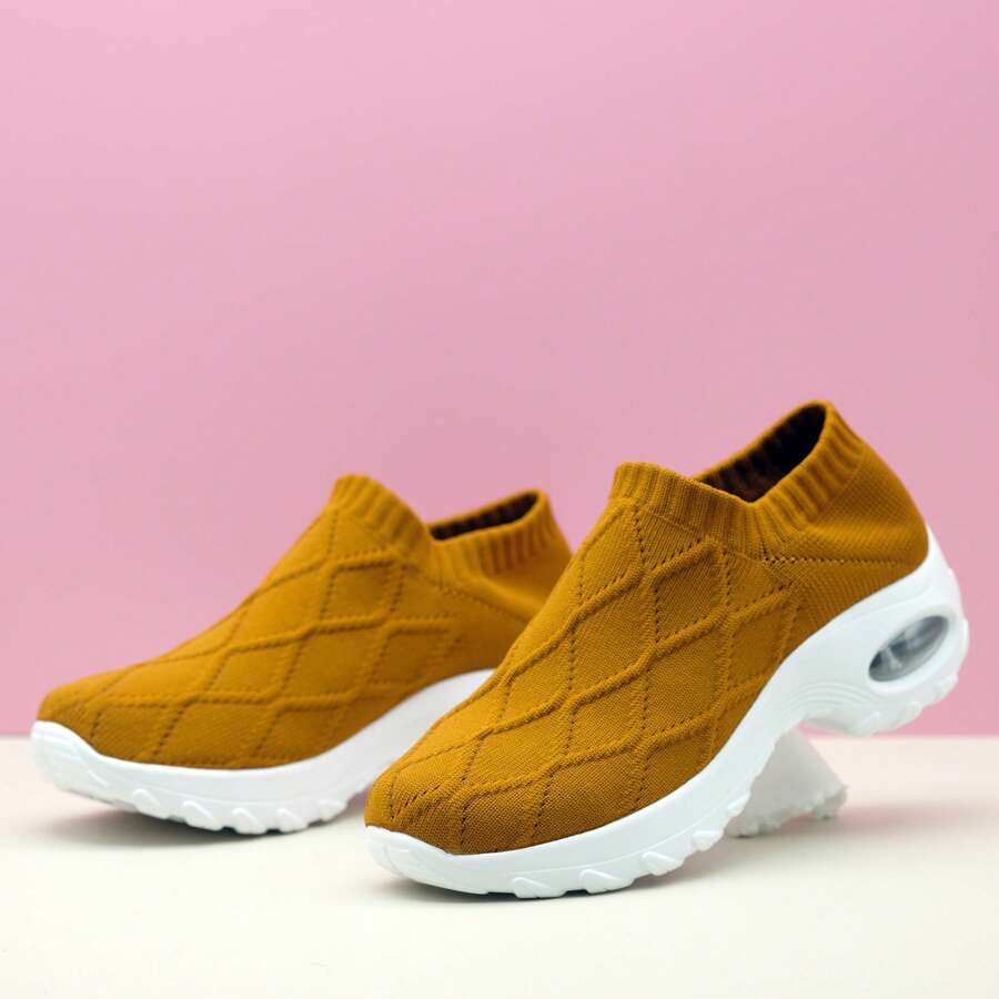 Women's Brown Diamond Shaped Loafers, Slip-On Knit Sports & Casual Sock Shoes, Lightweight Breathable Dance Shoes