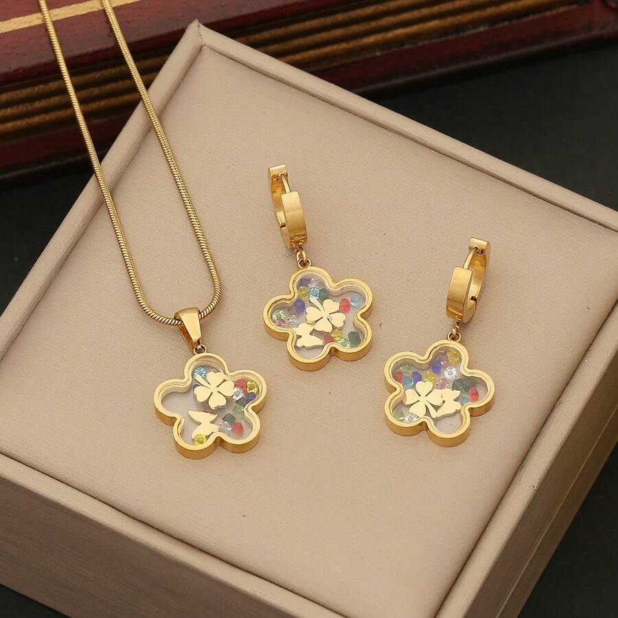 Conjunto de Colar e Brincos com Pingente de Olho de Vidro Vazado, Estilo Europeu e Americano, Joias para Mulheres, 3 Peças