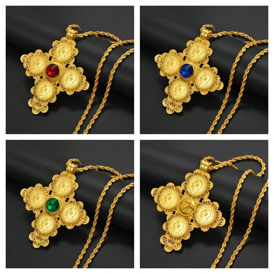 1pc Big Cross Pendants Necklaces Women Men Gold Color Jewelry Africa Coin Cross/Eritrea Habesha Necklace