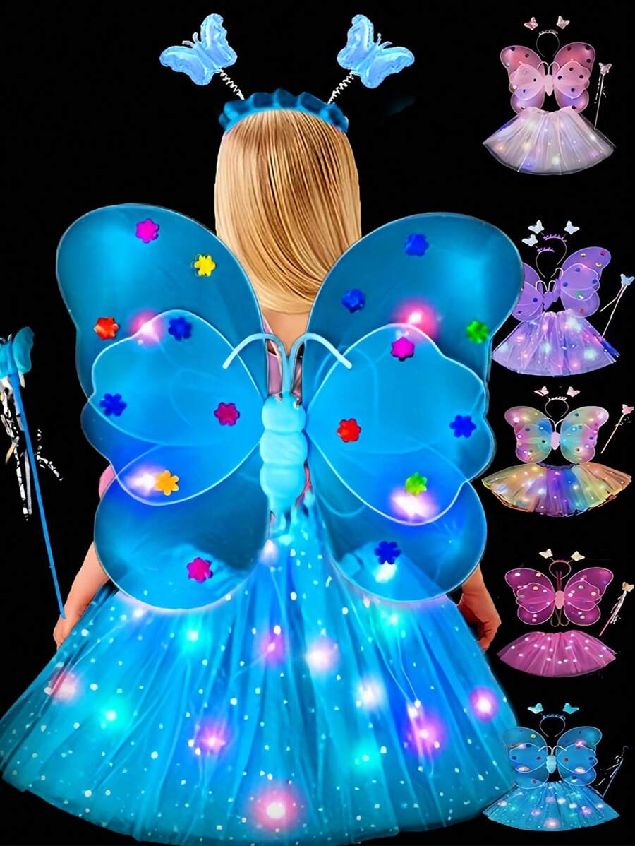 1Set Glowing Fairy Wings, Angel Magic Wands, Fairy Hair Clip,Children's Performance Props, Sparkling Skirt, Suitable For Children's Festivals, Party Gifts