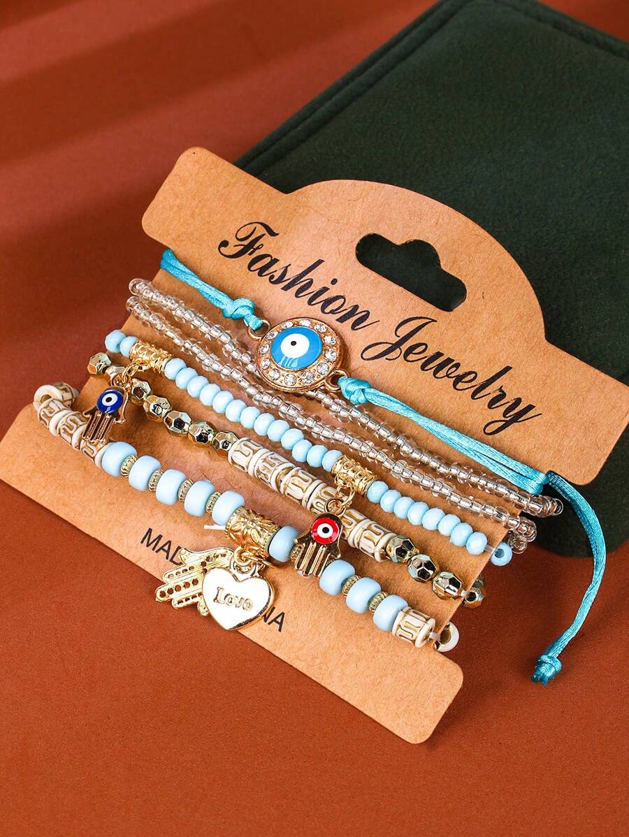6pcs/Set Bohemian Multielem Pendant Bracelet With Evil Eye, Heart, Love Beads, Elegant & Graceful Gift For Women On Valentine's Day