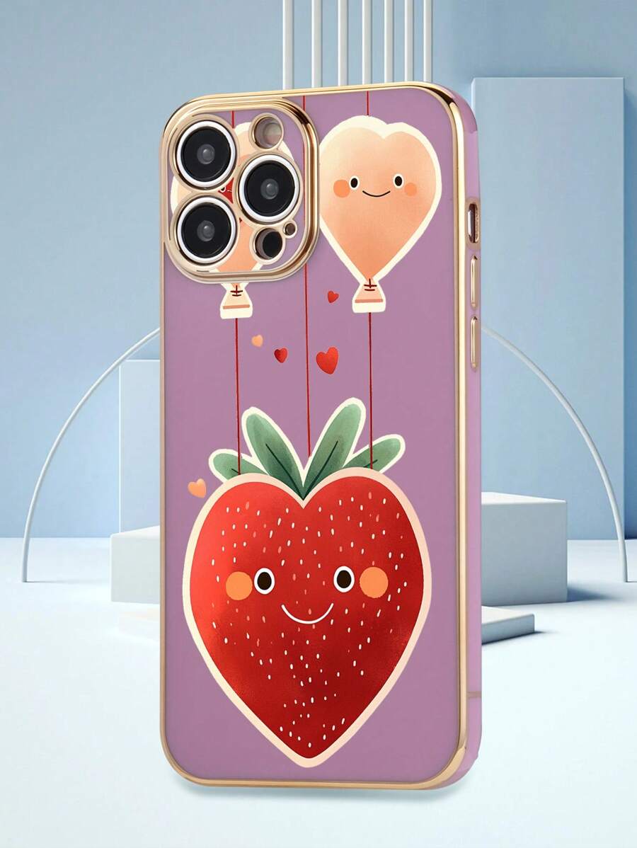 1pc Purple Electroplated Strawberry Pattern Protective Phone Case Compatible With IPhone/Samsung/Xiaomi/Oppo, Etc.