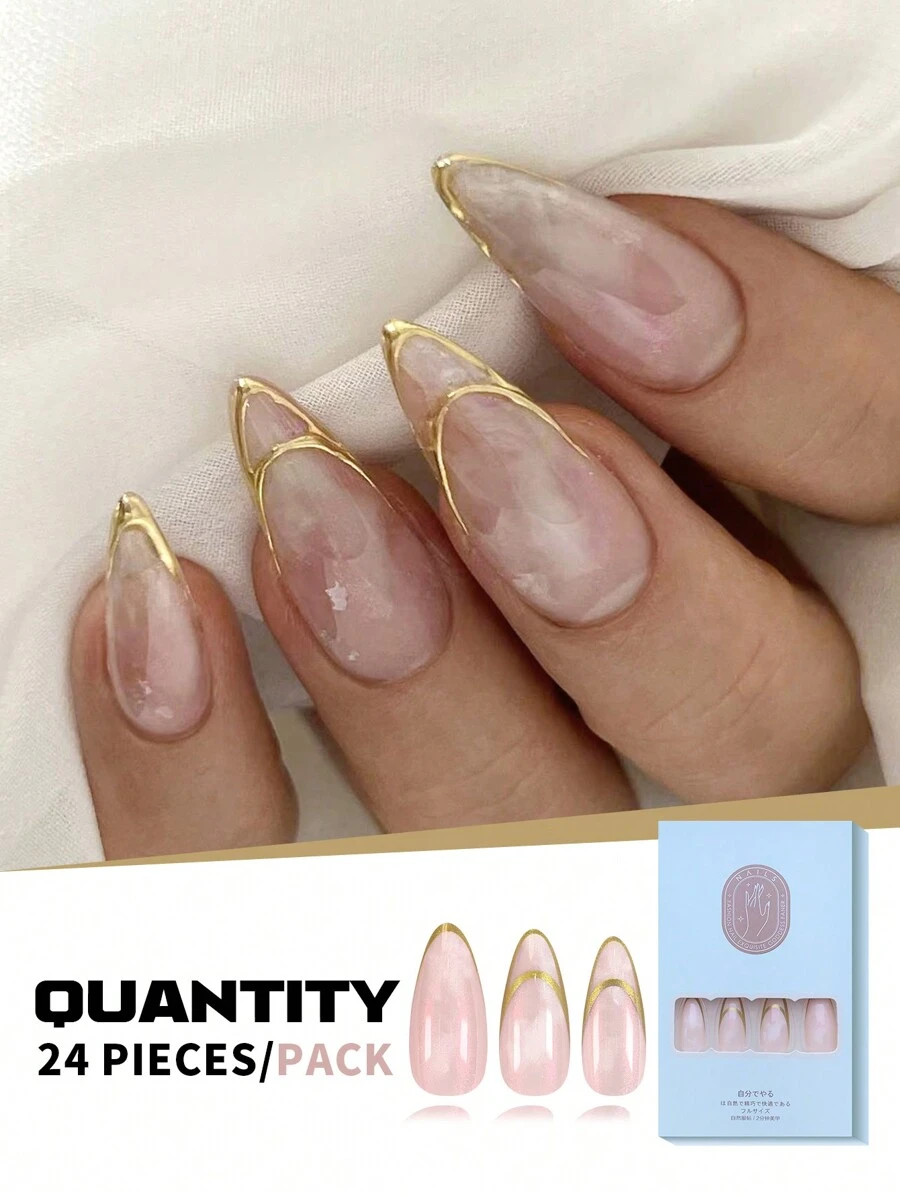 Consigue 24 piezas de uñas en forma de almendra de tamaño mediano con borde dorado ahuecado, efecto de degradado de patrón francés mate, que incluye una uña de jalea para la aplicación y una lima de uñas, apto para mujeres y niñas, perfectas para fiestas, bailes, uso diario. Suministros de uñas prensadas uñas falsas uña falsa uña acrílica
