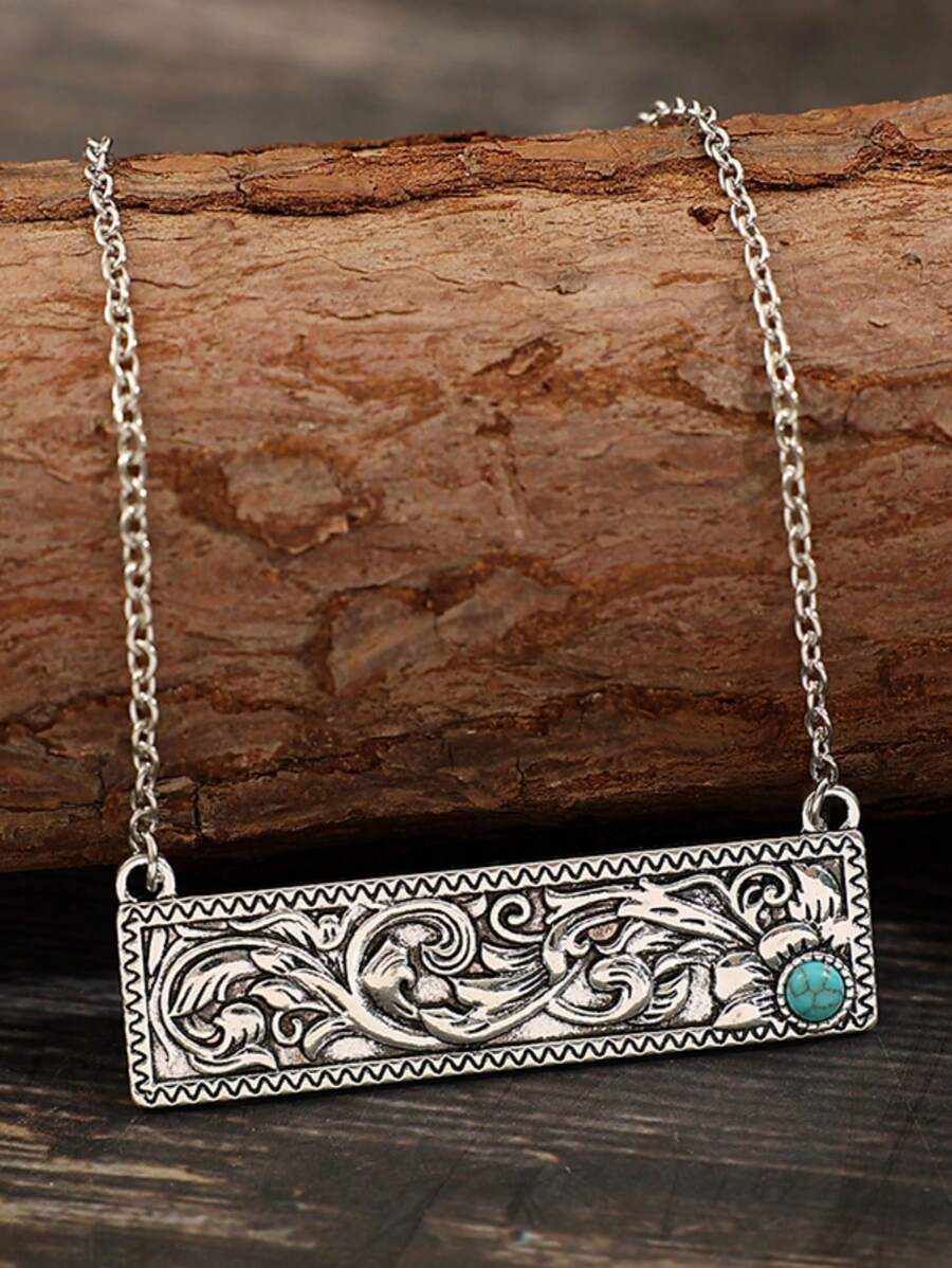 Collier simple avec pendentif vintage rectangulaire en alliage de zinc sculpté incrusté de turquoise