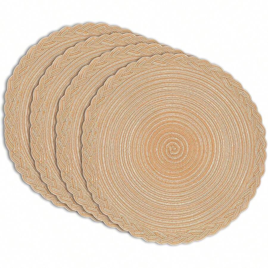 Manteles individuales redondos de trenzado resistente al calor y antideslizantes, juego de 2/4/6/8 - 15 pulgadas, manteles de mesa lavables, fáciles de limpiar, aptos para cena, barbacoa, uso en interiores y exteriores (caqui)