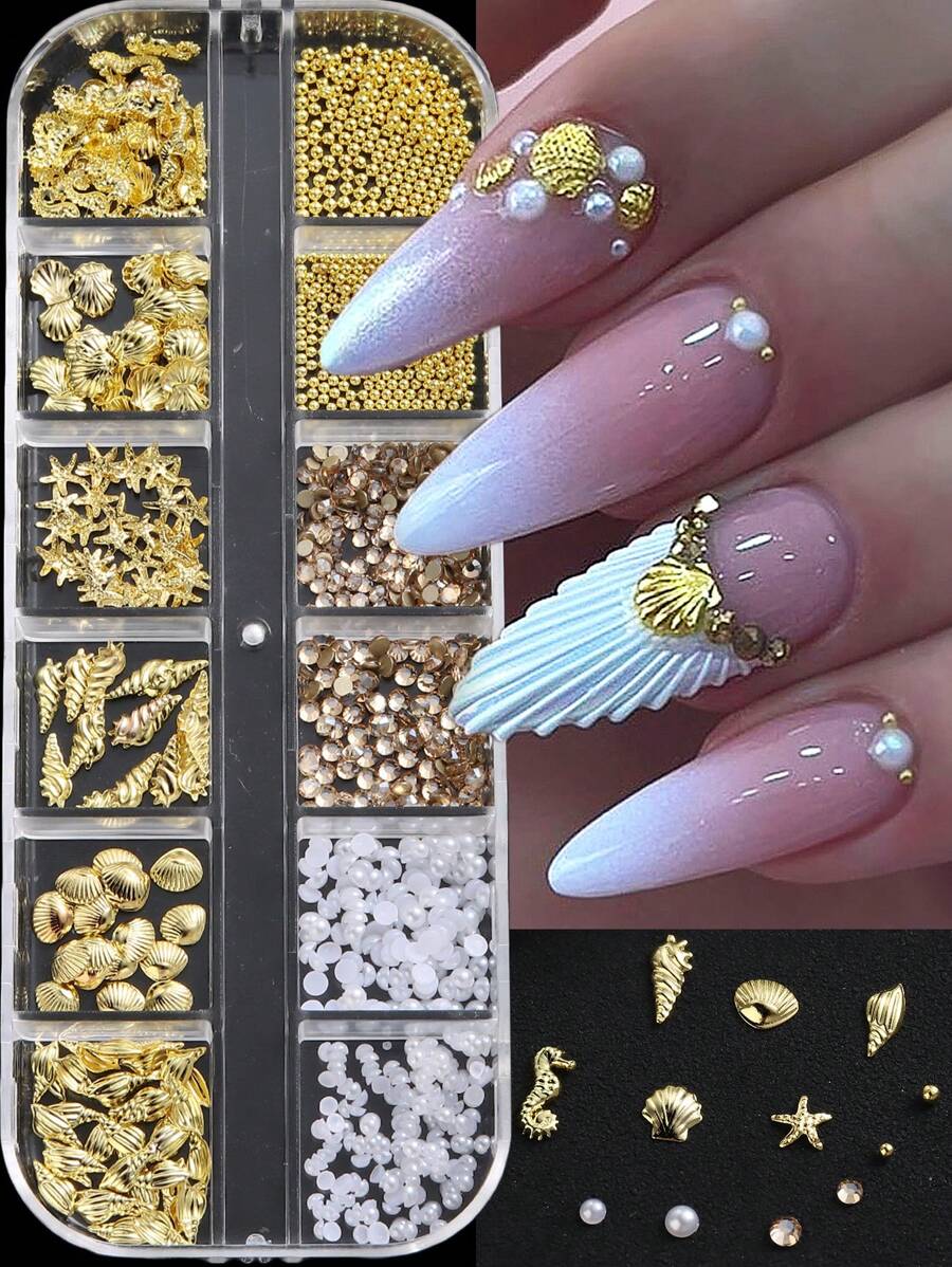12 Grid 3D Ocean Theme Nail Decoration Pendant Alloy Shell Abalone Seahorse Starfish Conch Pearl Mini Caviar Beads Rhinestone 3D Ocean Series Metal Pendant Suitable For Nail Art Jewelry Making Technology DIY Nail Charms Nail Gems Nail Supplies