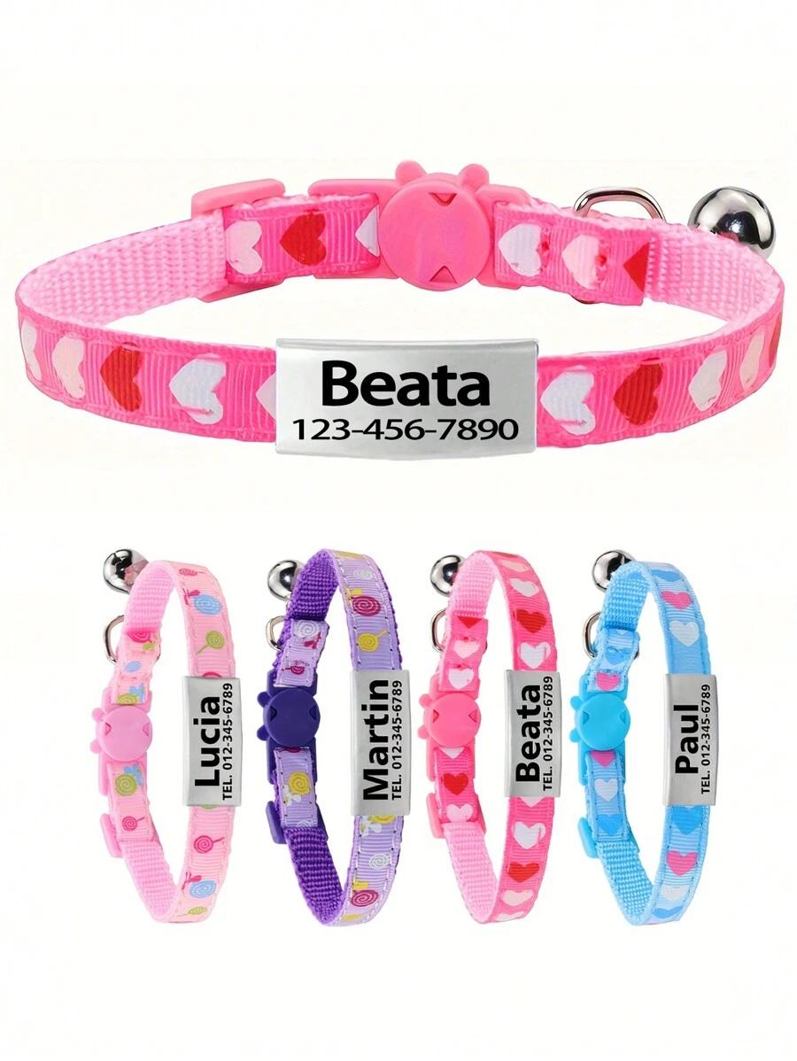 Customized Heart Pattern Pet Collar With Bell & Choke-Free Safety Buckle, Adjustable Size For Male/Female Cats Under 5kg