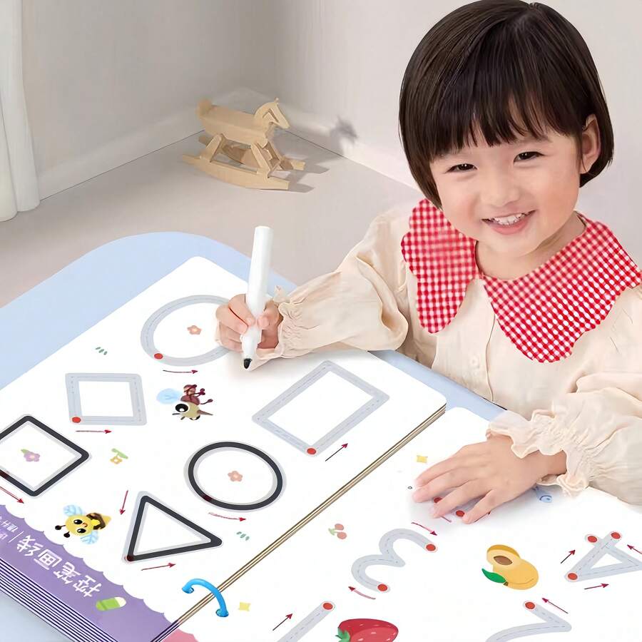 1 Zestaw do rysowania i dopasowywania kształtów dla dzieci inspirowany metodą Montessori - Edukacyjna książka do ćwiczeń kontroli nad długopisem, Książka wprowadzająca do treningu koncentracji, Wzmacniająca umiejętności poznawcze i zestaw do ćwiczeń kontroli nad długopisem, Zaprojektowana w celu rozwijania umiejętności motorycznych, pielęgnowania kreatywności i promowania zręczności manualnejBiuro, szkoła, rysunek, uczeń, markery, artykuły papiernicze, chłopcy, dziewczęta, artykuły szkolne, powrót do szkoły