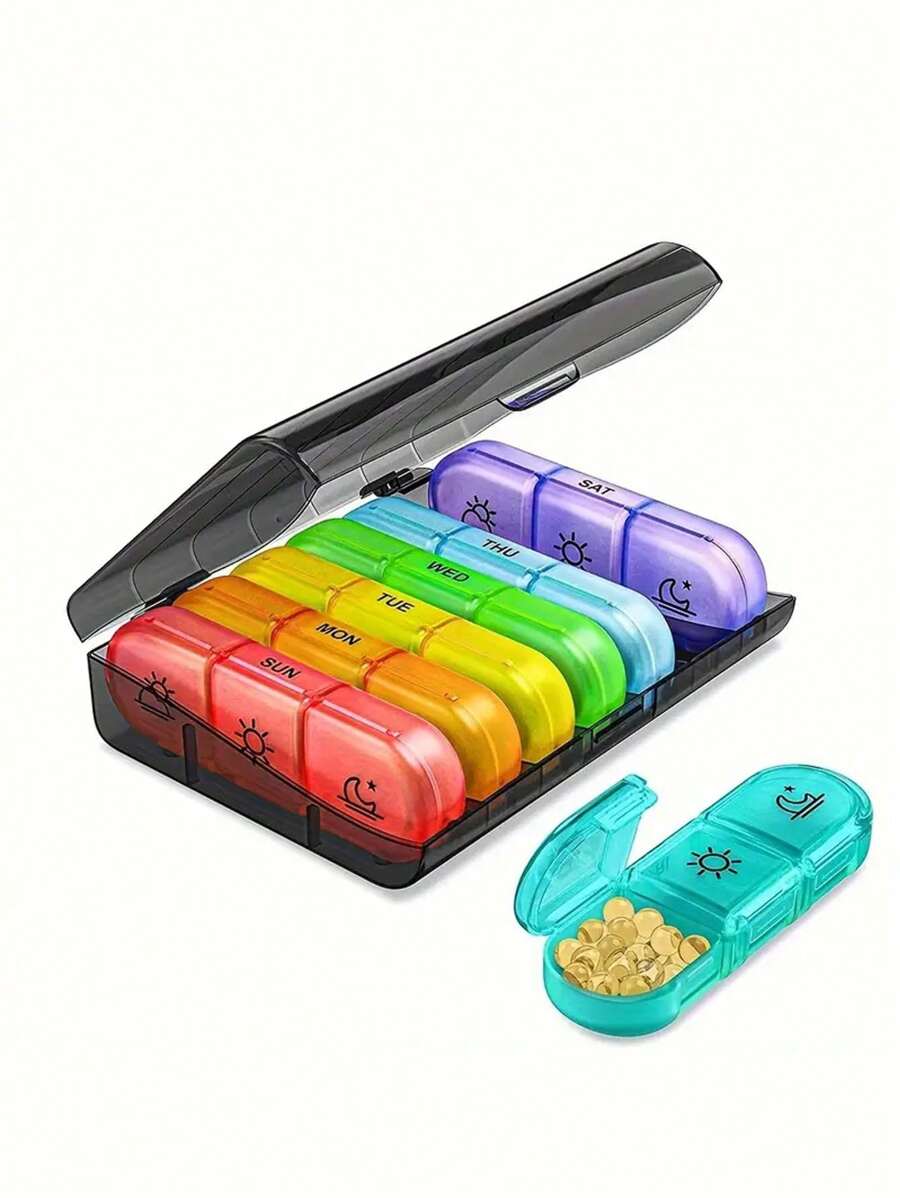 1 pièce Boîte à pilules de voyage, organisateur de pilules extra large 4 fois par jour, étui à pilules XL AM PM hebdomadaire, boîte à pilules 7 jours deux fois par jour, organisateur de médicaments quotidien surdimensionné pour vitamines, grand conteneur de comprimés, distributeur de médicaments (arc-en-ciel) - parfait pour l'organisation des médicaments en déplacement