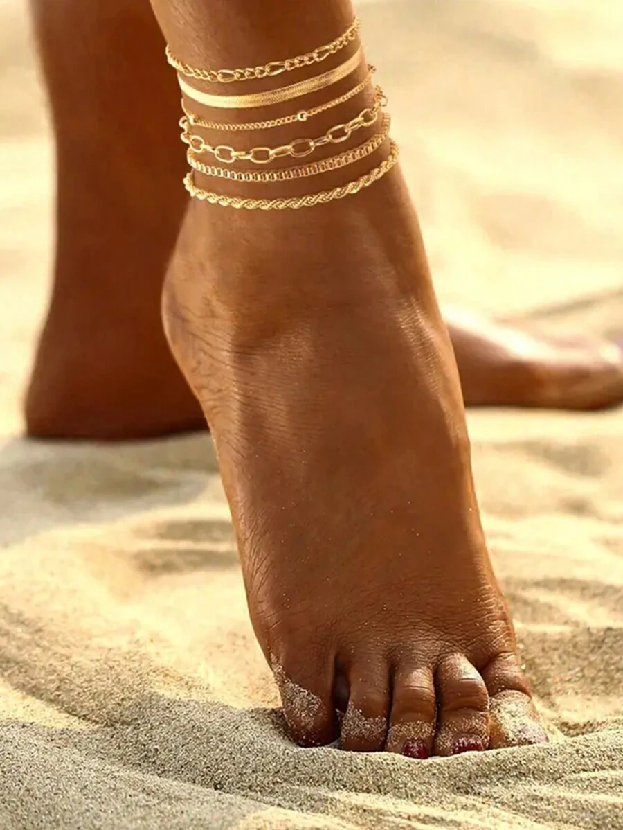 Set de 6 piezas simple estilo minimalista con pulsera de tobillo apilable con cadena delgada, estilo bohemio, set de pulsera de tobillo chapada en oro de 18 k de cobre para mujeres
