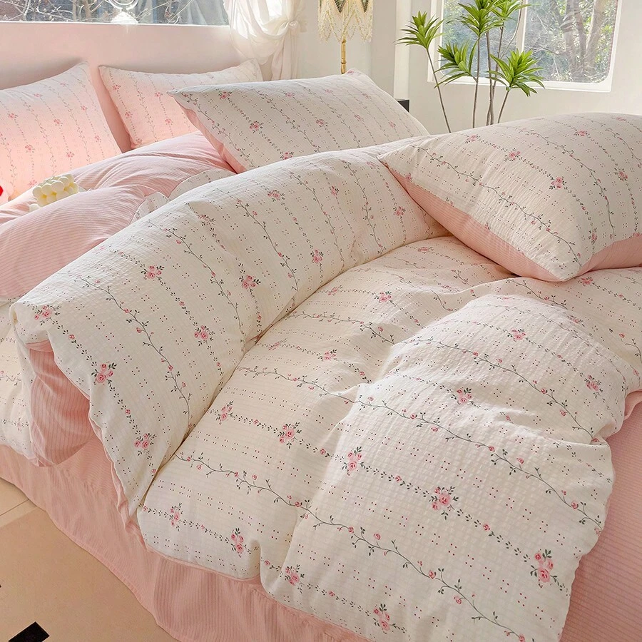 3pcs/Set 100% Polyester Rose Floral Print Bedding Set, 2 Pillowcases + 1 Duvet Cover
