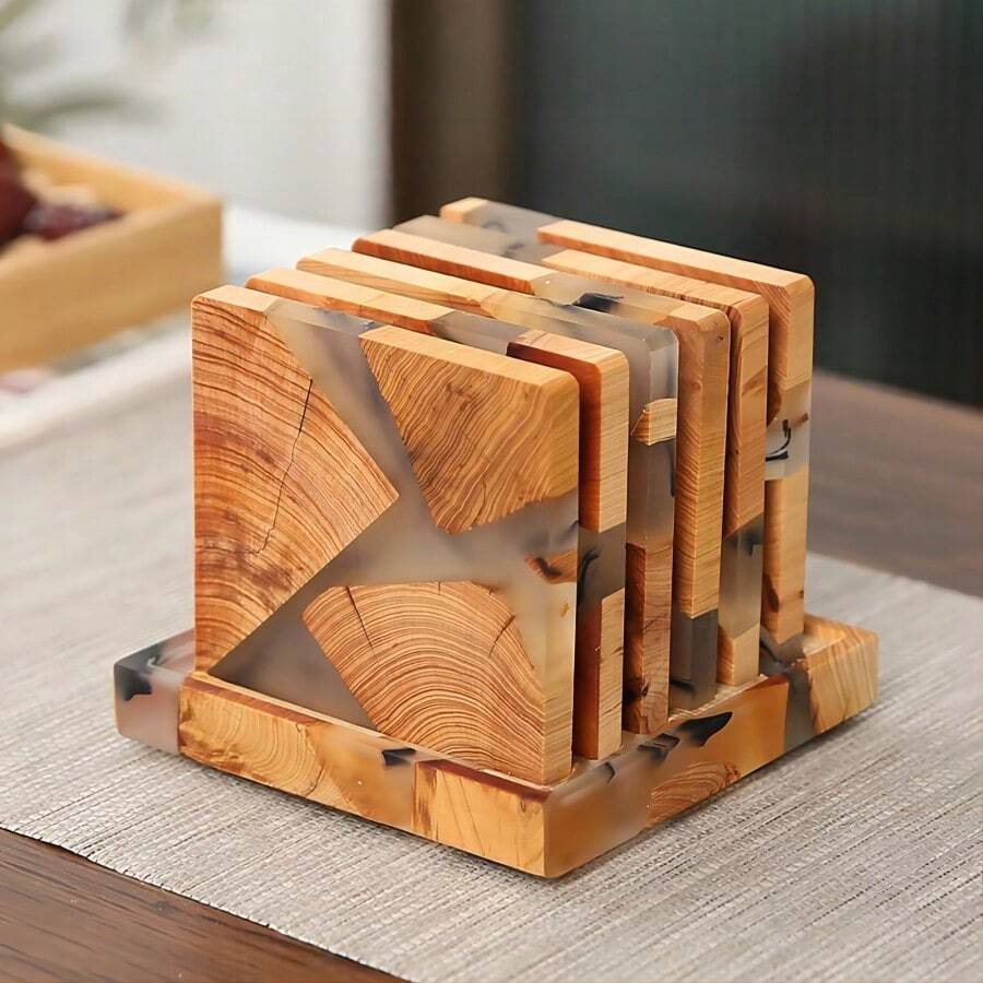 Set Of 7pcs Square Wooden Coasters Set For Drinks - Natural Wood Drink Coaster Set With Holder For Modern Home Decor, Epoxy Coasters,Modern Coasters With Holder, Cedar Wood Coaster