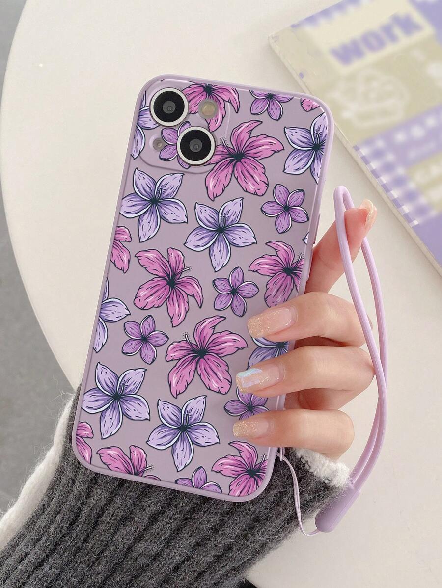 1 Stück modisches, mattes Handyhülle mit Blumenmuster und Lanyard, kompatibel mit Apple, Samsung und Xiaomi Redmi Serie