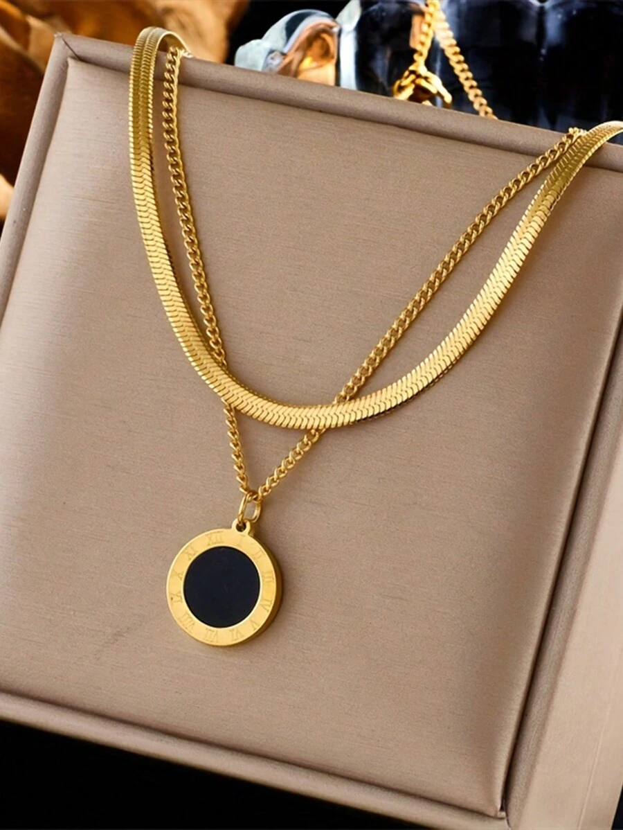 2 peças/conjunto Colares Minimalistas de Corrente de Lâmina com Pingente de Moeda Romana Preta em Aço Inoxidável, Podem Ser Usados Separados ou Juntos