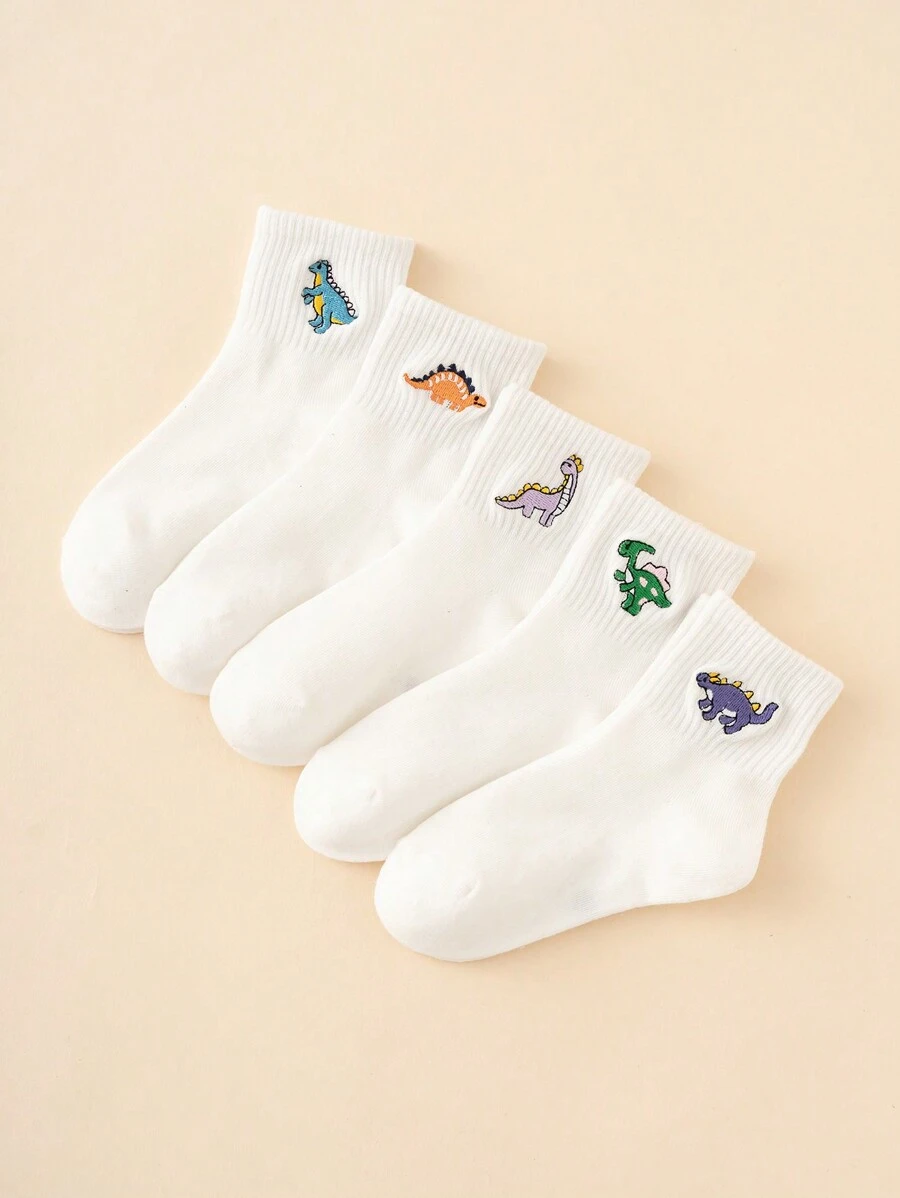 5pairs Funny Personalized Cartoon Dinosaur Embroidery Mid-Calf Socks For Girls, All Seasons, European And American Sizes, Comfortable, Breathable And Durable, Suitable For Daily Wear With High-Quality Material
