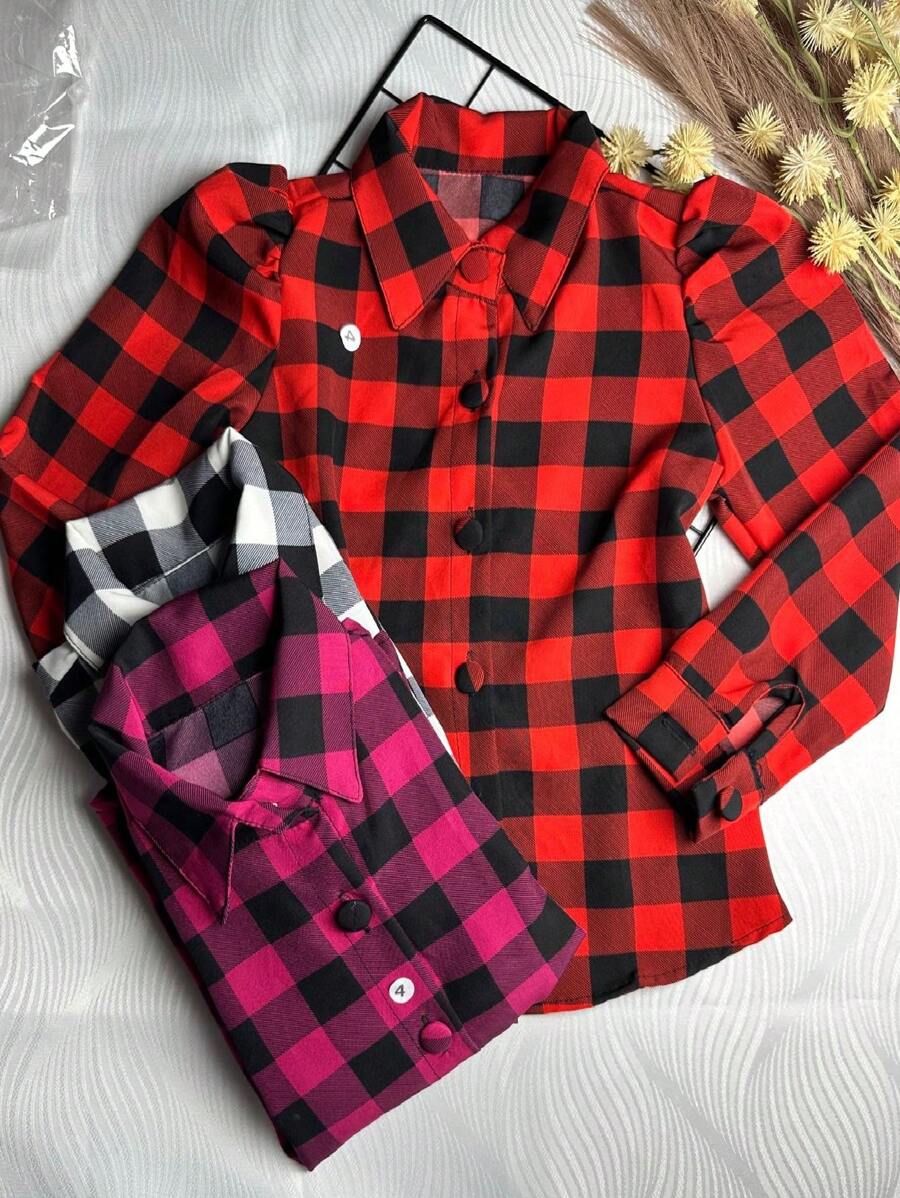 Krica Kids - Camisa Feminina Infantil de Alfaiataria em Padrão Xadrez