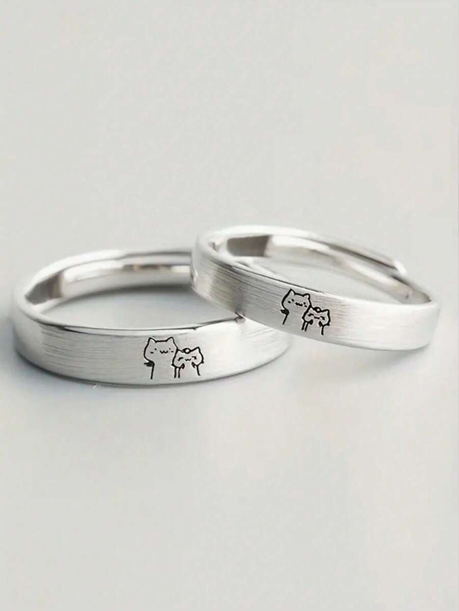 2Pcs/Set Couple Ring Cute Kitten Open Adjustable Ring Sweet Decoration Teen Couple Cute Jewelry